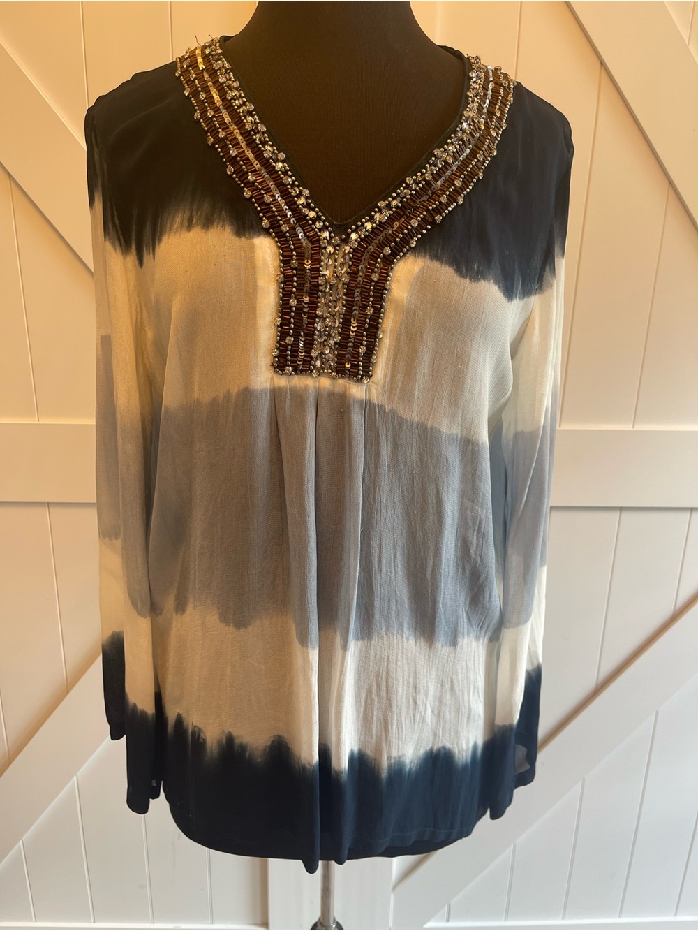 Michael Kors Navy & White Beaded V-Neck Tunic